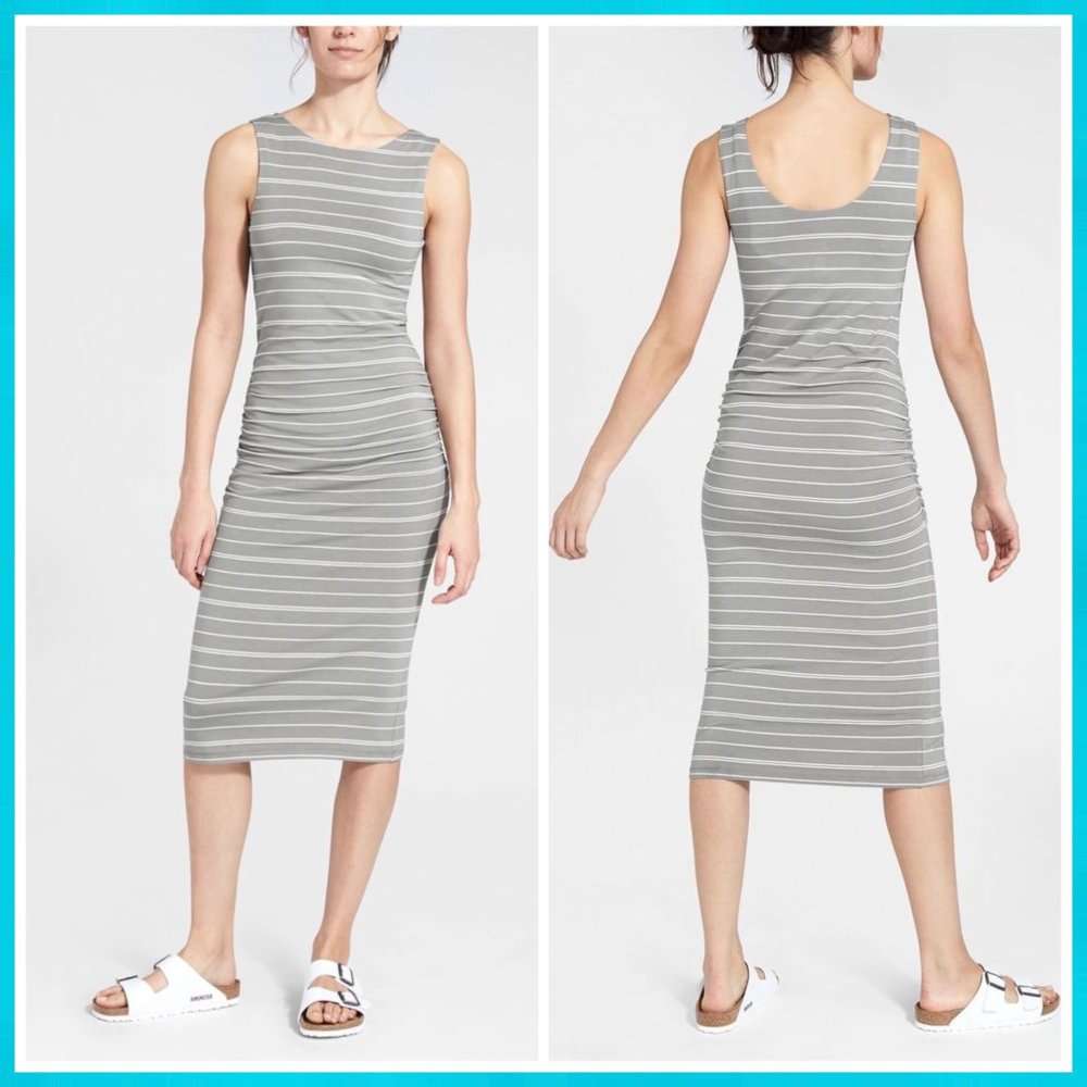 Athleta Gray/White Striped Comeback Tank Midi Dress